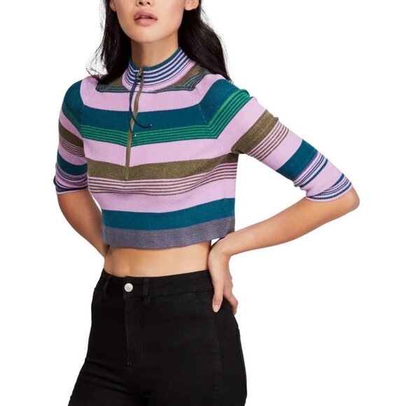 NWT Free People Rip Tide Mock Neck Jumper Teal Purple Size Medium Ribbed Boho M‎ - Picture 2 of 7